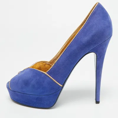 Pre-owned Saint Laurent Size 40 Blue/gold Suede Platform Pumps