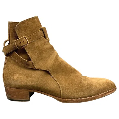 Pre-owned Saint Laurent Size 7 Tan Solid Leather Ankle Boots In Brown