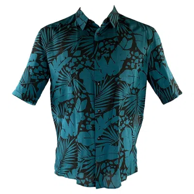 Pre-owned Saint Laurent Size S Turquoise Black Abstract Floral Silk Short Sleeve Shirt