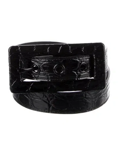 Pre-owned Saint Laurent Skinny Embossed Leather Belt In Black