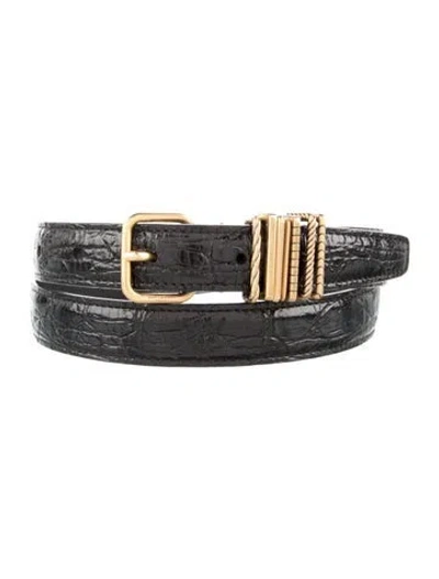 Pre-owned Saint Laurent Skinny Embossed Leather Belt In Black