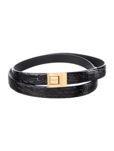 Pre-owned Saint Laurent Skinny Embossed Leather Belt Kit In Black