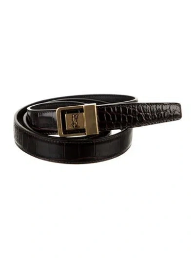 Pre-owned Saint Laurent Skinny Embossed Leather Belt W/ Tags In Black
