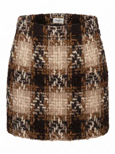 Saint Laurent Checked Tweed Mini Skirt In Brown