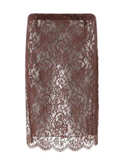 Saint Laurent Floral Lace Pencil Skirt In Brown