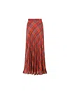 Saint Laurent Tartan Pleated Maxi Skirt In Silk In Burgundy