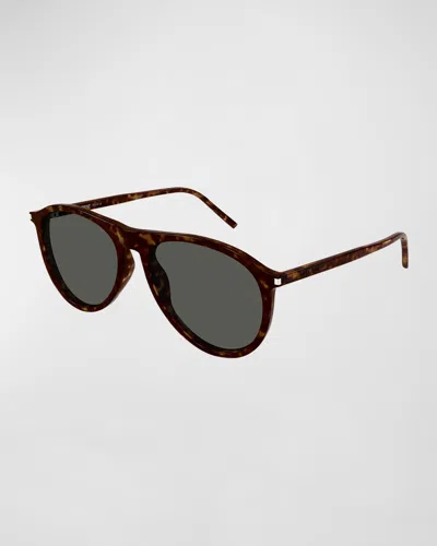 Saint Laurent Thin Acetate Aviator Sunglasses In Havana