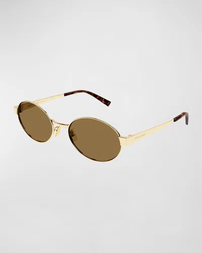 Saint Laurent Sl 692 Feminine Fashion Icons Metal Oval Sunglasses In Gold