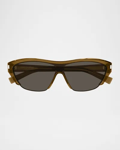 Saint Laurent Sl 704 Recycled Acetate Shield Sunglasses In Brown