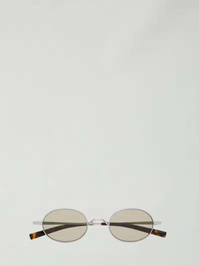 Saint Laurent Oval Metal Sunglasses With Dark Lenses And Engraved Logo In Gray