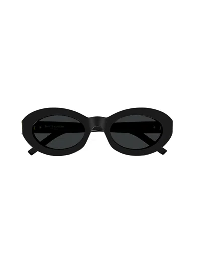 Saint Laurent Oval Frame Sunglasses Metal Hinges In Black