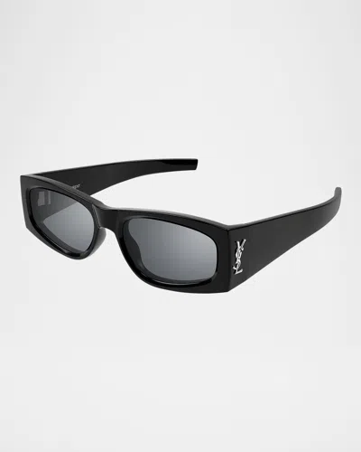 Saint Laurent Sl M140 Rectangular Acetate Sunglasses In Shiny Solid Black Shiny Silver