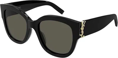 Pre-owned Saint Laurent Sl M95_f 001 Cat Eye Black Gold Grey 56 Mm Women's Sunglasses In Gray