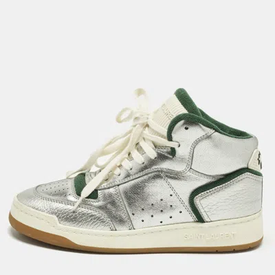 Pre-owned Saint Laurent Sl/80 Size 38.5 Silver Leather High Top Sneakers