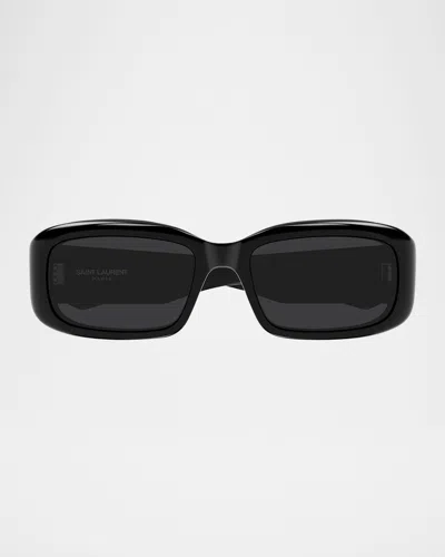 Saint Laurent Sl809 Acetate Rectangle Sunglasses In Shiny Solid Black