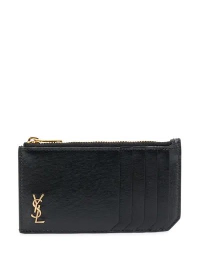 Saint Laurent Logo Plaque Zipped Cardholder In Nero