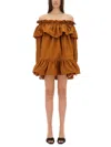 Saint Laurent Brown Ruffle Dress With Bare Shoulders In Cotton Twill Woman In Brown