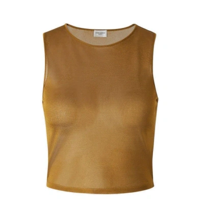 Saint Laurent Sleeveless Cropped Tank Top In Camel