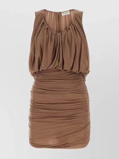 Saint Laurent Sleeveless Draped Mini Dress In Brown
