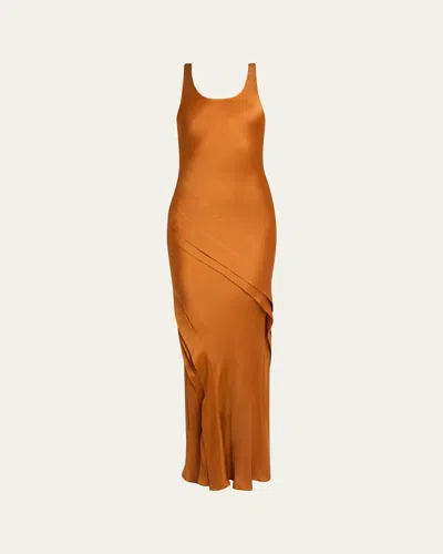 Saint Laurent Sleeveless Draped Silk Tank Dress In Brown