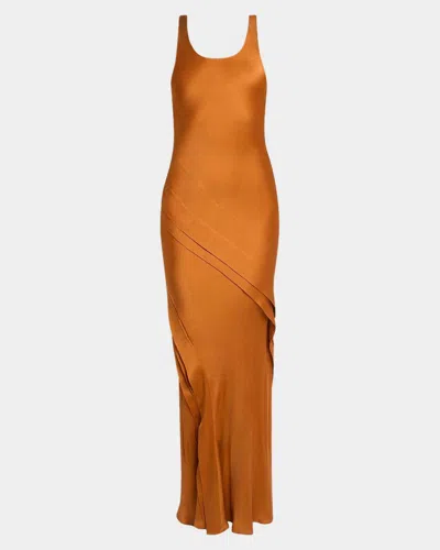Saint Laurent Sleeveless Draped Silk Tank Dress In Brown