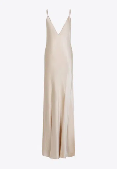Saint Laurent Sleeveless Maxi Dress In Silk In Nude