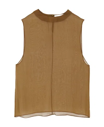Saint Laurent Sleeveless Silk Top In Brown