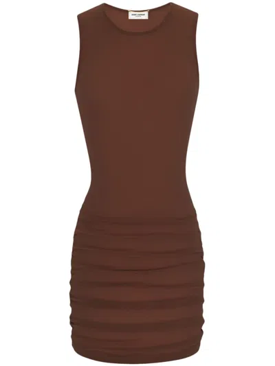 Saint Laurent Sleeveless Tulle Minidress In Marron