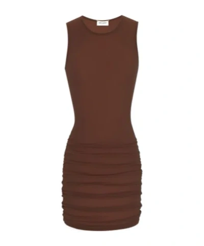 SAINT LAURENT SAINT LAURENT CREWNECK RUCHED DETAILED MINI DRESS