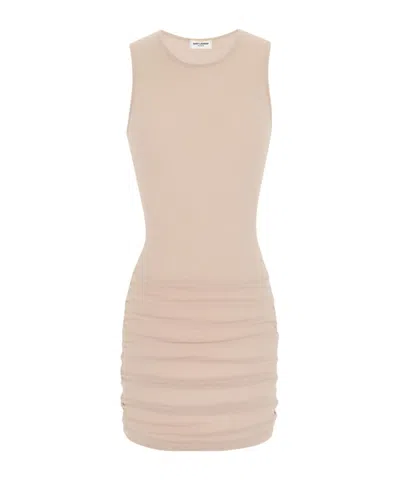 SAINT LAURENT SAINT LAURENT CREWNECK RUCHED DETAILED MINI DRESS