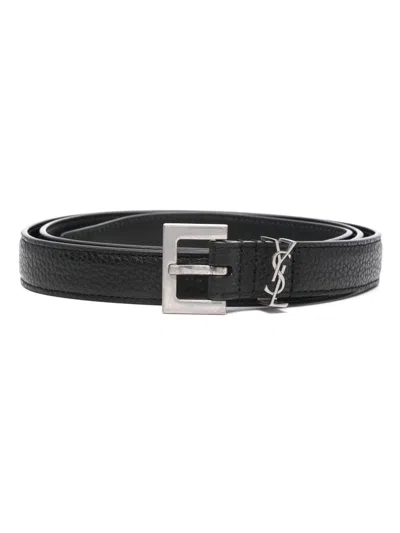 Saint Laurent Squared Buckle Smooth Leather Cassandre Thin Belt In Black