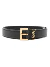 Saint Laurent Cassandre Thin Belt With Square Buckle In Grained Leather In Black