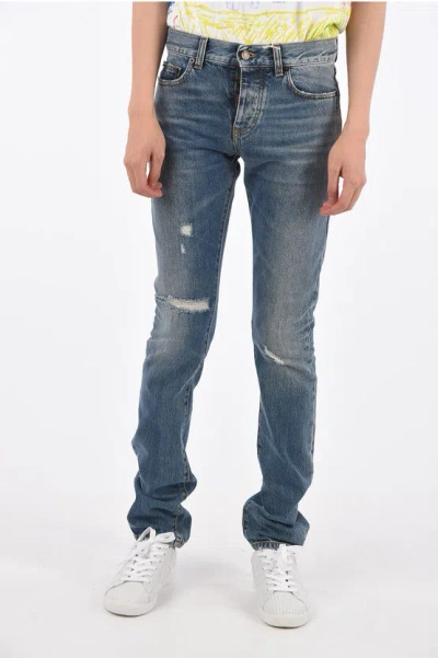 Saint Laurent Slim Fit Destroyed Jeans 15 Cm In Blue