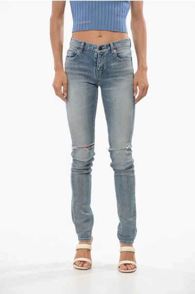 Saint Laurent Slim Fit Distressed Jeans 14cm In Blue