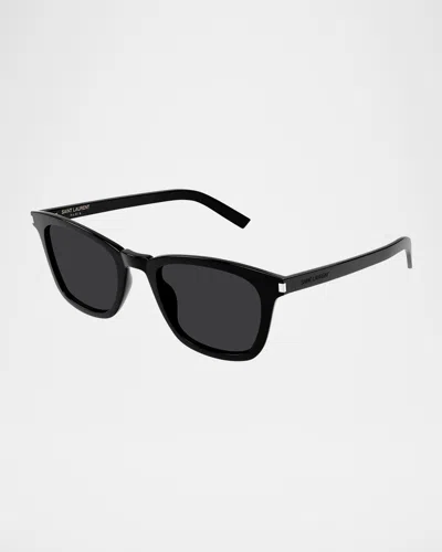 Saint Laurent Slim Square Acetate Sunglasses In Shiny Solid Black