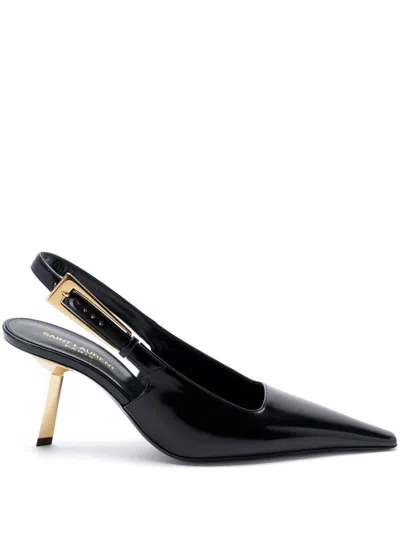 Saint Laurent Lee Slingback Pumps In Glazed Leather In Nero