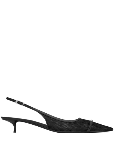 Saint Laurent Oxalis Patent Leather-trimmed Mesh Slingback Pumps In Black