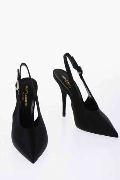 Saint Laurent Slingback Satin Pumps With Jewel Buckle Heel 11 Cm In Black