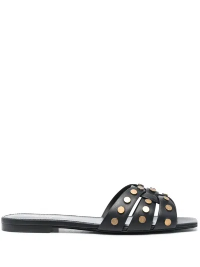 Saint Laurent Tribute Studded Leather Flat Sandals In Black