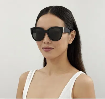 Pre-owned Saint Laurent Slm95/f 001 Black Grey Oversized Cat Eye Women Sunglasses In Gray