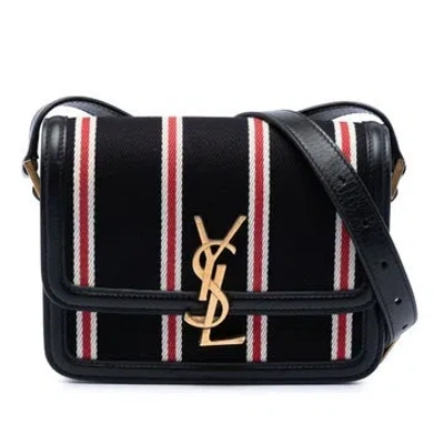 Pre-owned Saint Laurent Small Canvas Striped Solferino Satchel In Box In Black