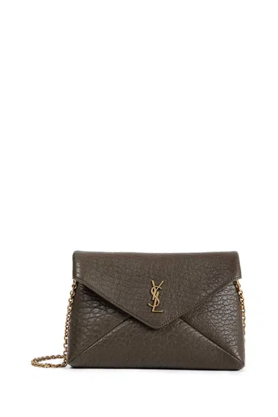 Saint Laurent Small Cassandre Chain Pouch In Leather In Green
