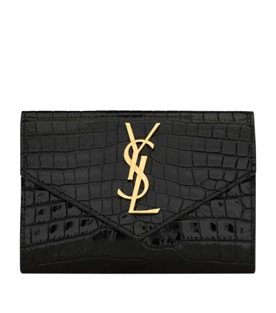 Saint Laurent Small Cassandre Croc-embossed Wallet In Black