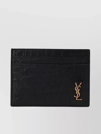 Saint Laurent Small Cassandre Crocodile Card Holder In Black