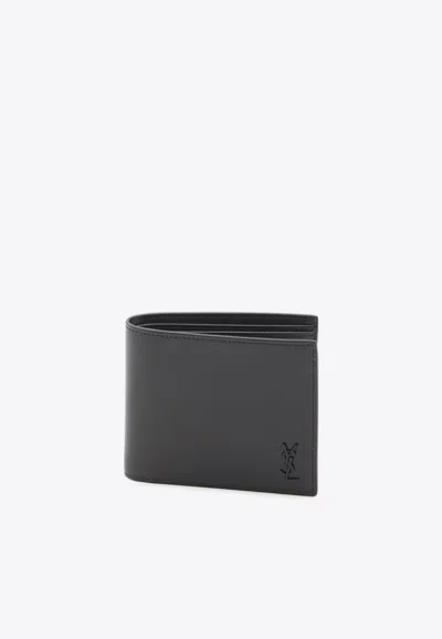 Saint Laurent Small Cassandre East/west Leather Wallet In Black