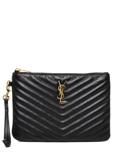 Saint Laurent Small Cassandre Matelassé Leather Clutch Bag In Black