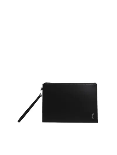 Saint Laurent Small Cassandre Tablet Holder In Shiny Leather With Zip In Black