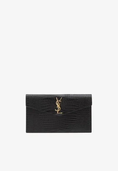 Saint Laurent Small Envelope Croc-embossed Leather Clutch In Black