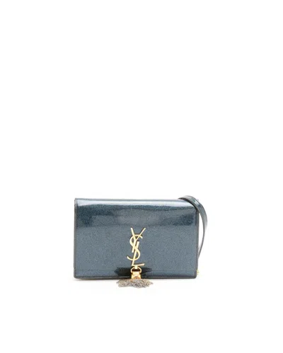 Saint Laurent Blue Glitter Patent Leather Monogram Kate Tassel Chain Wallet