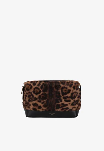 Saint Laurent Small Leopard Print Pouch In Brown